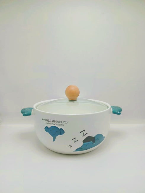 Cute Elephant Ceramic Ramen Bowl with Glass Lid & Wooden Knob