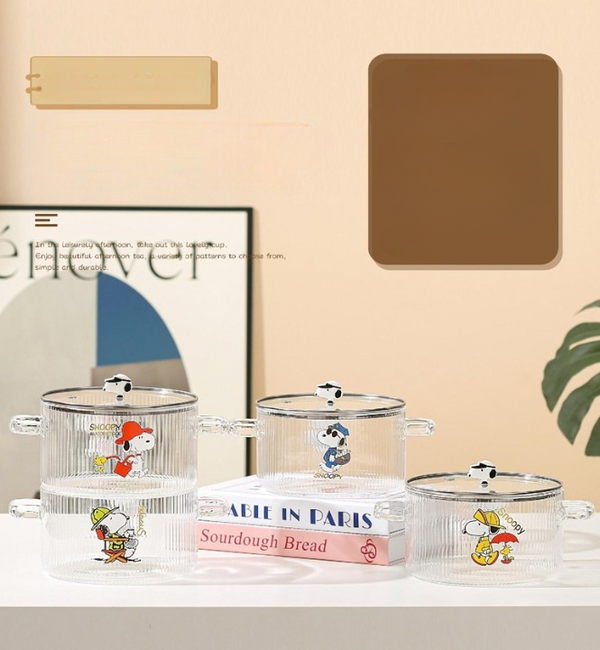 Borosilicate Glass Ramen Bowl with Lid | Snoopy Character Glass Serving Dish for Salads & Fruit | Fluted Glass Tableware