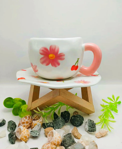 Artisan Flower Mug with Saucer | Unique Ceramic Tea Set
