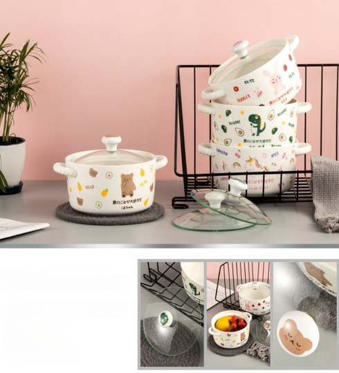 Kawaii Animal Ceramic Instant Noodle Bowl with Lid | 730ml Double-Handle Ramen Pot for Dorm & Home