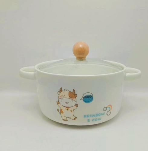 Lovely Cow Ceramic Ramen Bowl with Glass Lid