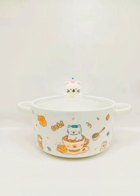 Kawaii Ceramic Cat Ramen Serving Bowl with Glass Lid & Double Handles