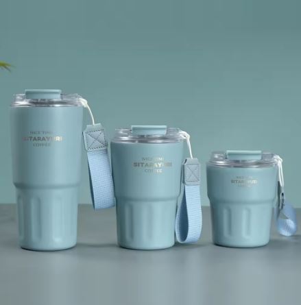 SITARAYURI 600ml Insulated Stainless Steel Travel Coffee Tumbler with Straw & Carrying Strap