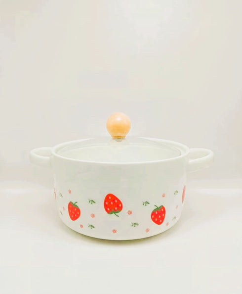 π Kawaii Strawberry Ceramic Soup & Noodle Bowl with Glass Lid