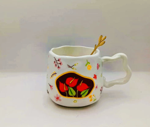 Hand-Painted Floral Ceramic Coffee Mug with Gold-Tone Spoon | Irregular Wavy Edge & Handle