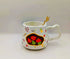 Hand-Painted Floral Ceramic Coffee Mug with Gold-Tone Spoon | Irregular Wavy Edge & Handle