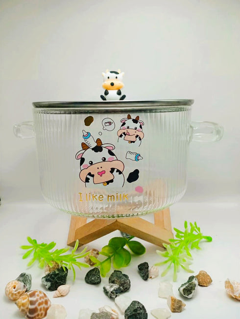 Cute Cow Print Glass Serving Bowl with Lid & Handles – 1650ml Large Aesthetic Ramen & Soup Bowl