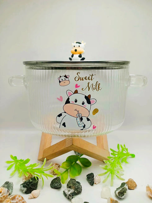 Cute Cow Print Glass Serving Bowl with Lid & Handles – 1650ml Large Aesthetic Ramen & Soup Bowl