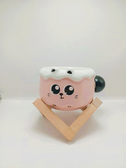 Kawaii Stackable Cat Ceramic Mugs – 400ml Hand-Painted Expression Coffee Cups with Ball Handle