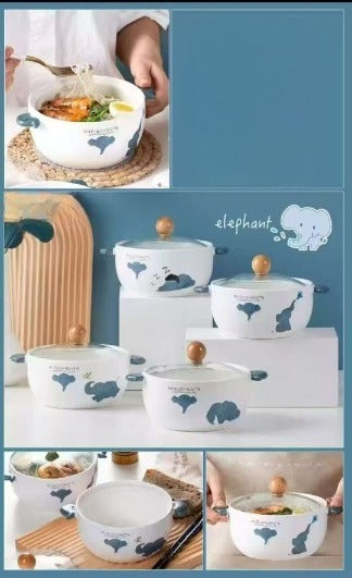 Cute Elephant Ceramic Ramen Bowl with Glass Lid & Wooden Knob