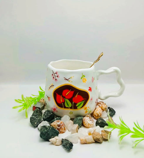 Hand-Painted Floral Ceramic Coffee Mug with Gold-Tone Spoon | Irregular Wavy Edge & Handle