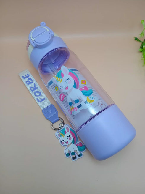 600ml Cute Cartoon Kids Water Bottle with Straw, Strap & Keychain – Leakproof Toddler School Sippy Cup