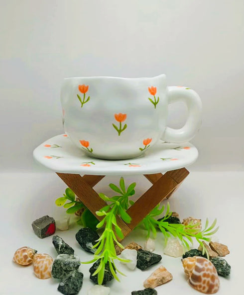 Hand-Pinched Ceramic Tulip Coffee Cup & Saucer Set