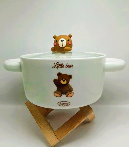 Kawaii "Little Bear" Ceramic Noodle Bowl with Glass Lid
