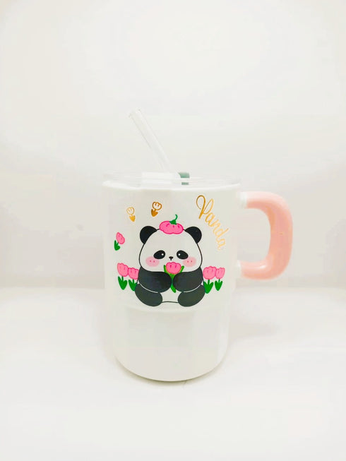 Kawaii Panda Tumbler – Ceramic Mug with Lid & Glass Straw