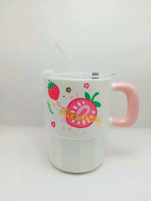 Kawaii Fruit Tumbler – Ceramic Mug with Lid & Glass Straw
