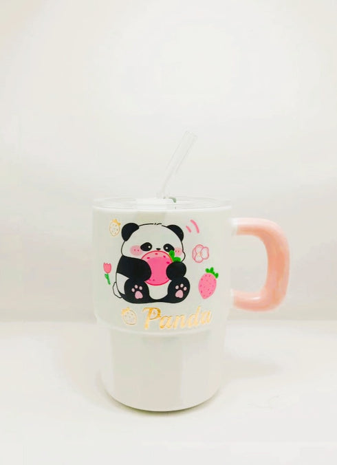 Kawaii Panda Tumbler – Ceramic Mug with Lid & Glass Straw