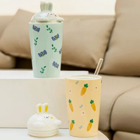 Kawaii Bunny Ceramic Mug with 3D Rabbit Lid & Straw | Cute Pastel Coffee Cup