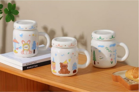 Cartoon Ceramic Mug with Lid - Adorable Bear, Rabbit & Cat Animal Designs