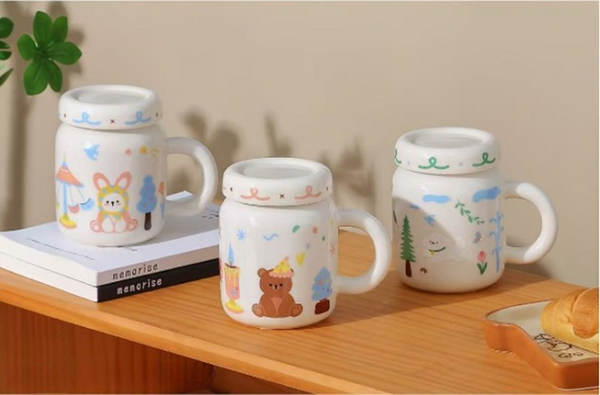 Cartoon Ceramic Mug with Lid - Adorable Bear, Rabbit & Cat Animal Designs