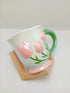 3D Relief Tulip Ceramic Coffee Mug – Elegant Hand-Painted Floral Tea Cup with Scalloped Rim