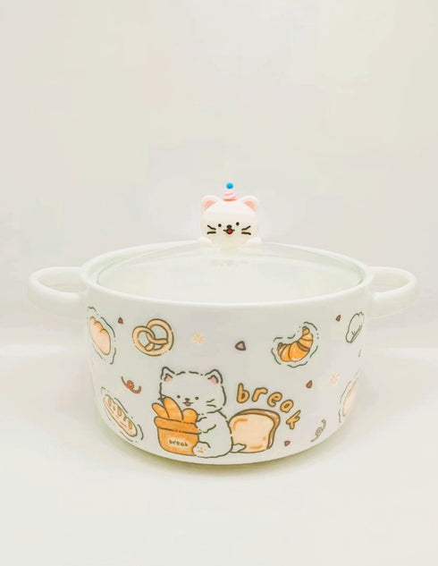 Kawaii Ceramic Cat Ramen Serving Bowl with Glass Lid & Double Handles