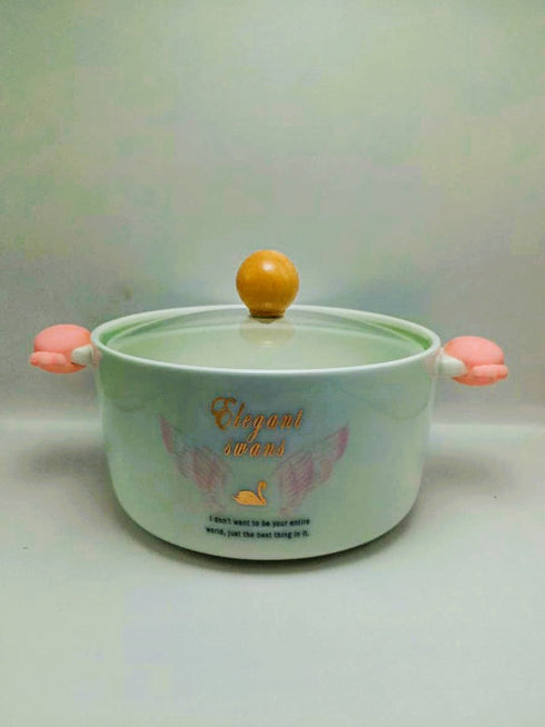 Elegant Ceramic Noodle Bowl with Glass Lid - 730ml Aesthetic Soup Pot with Heat-Resistant Handles