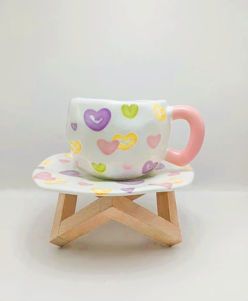 Heart & Flower Ceramic Mug and Saucer Set
