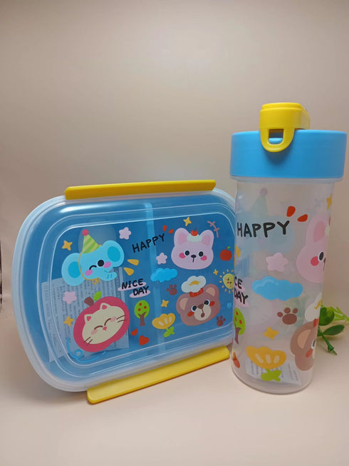 Cute Cartoon Bento Lunch Box with Matching Water Bottle Set | Leak-Proof Kids School Tiffin Box with Spoon