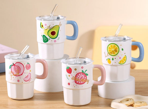 Kawaii Fruit Tumbler – Ceramic Mug with Lid & Glass Straw