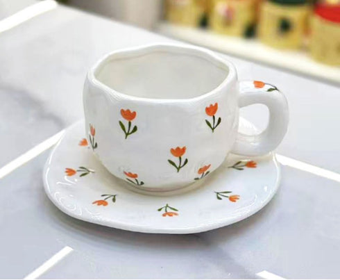 Hand-Pinched Ceramic Tulip Coffee Cup & Saucer Set