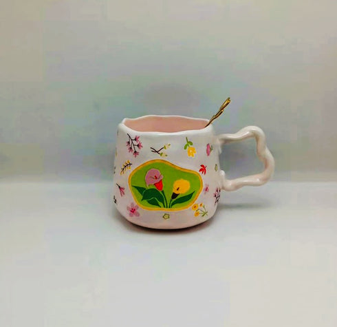 Hand-Painted Floral Ceramic Coffee Mug with Gold-Tone Spoon | Irregular Wavy Edge & Handle