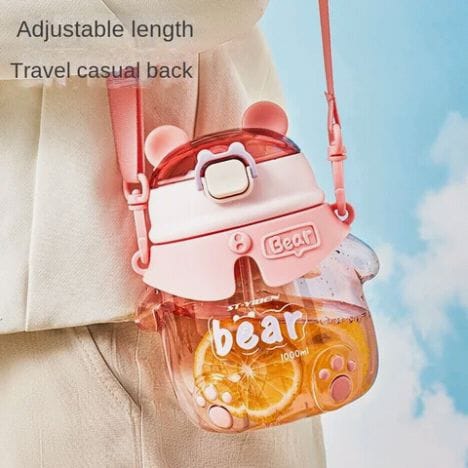 Kawaii Bear Water Bottle with Straw & Strap - 1000ml BPA-Free Big Belly Bottle for Kids & School