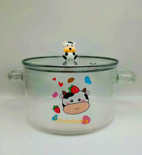 Cute Cow Print Glass Serving Bowl with Lid & Handles – 1650ml Large Aesthetic Ramen & Soup Bowl