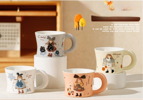 Retro Kawaii Ceramic "Happy Love Diary" Mug – Large U-Shaped Handle