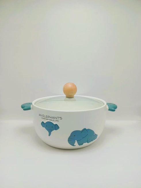 Cute Elephant Ceramic Ramen Bowl with Glass Lid & Wooden Knob
