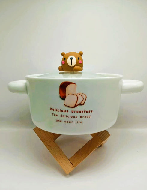 Kawaii "Little Bear" Ceramic Noodle Bowl with Glass Lid