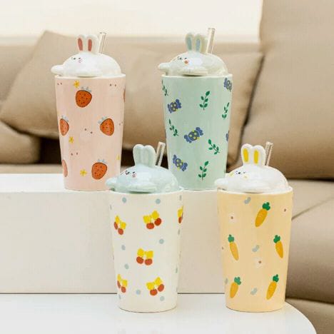 Kawaii Bunny Ceramic Mug with 3D Rabbit Lid & Straw | Cute Pastel Coffee Cup