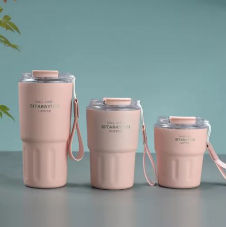 SITARAYURI 600ml Insulated Stainless Steel Travel Coffee Tumbler with Straw & Carrying Strap