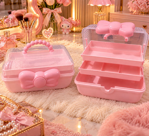 Kuwaiti Cute Pink Bow Makeup Organizer Case | 3-Tier Cosmetic Storage Box