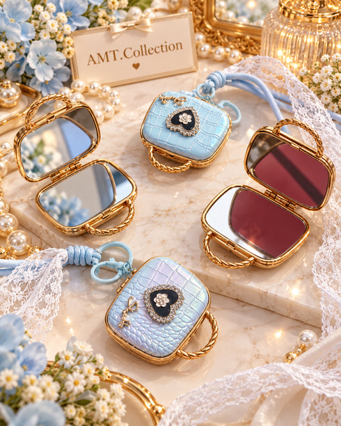 Double-Sided Pocket Mirror Keychain with Bag Charm