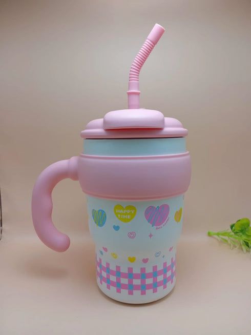 Cute Stainless Steel Kids Tumbler with Handle & Straw | Insulated Leakproof Travel Mug for School, Home & Outdoor Use (Pink & Blue)