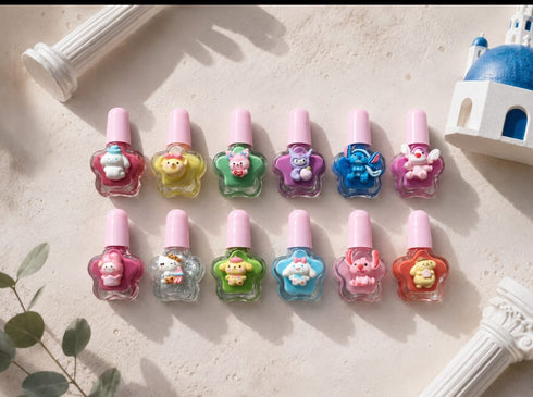 water-based, non-toxic kids' nail polish set featuring 3D character charms on star-shaped bottles.