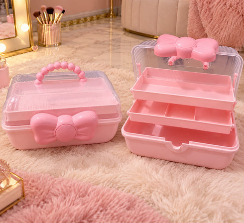 Kuwaiti Cute Pink Bow Makeup Organizer Case | 3-Tier Cosmetic Storage Box