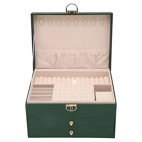 3-Layer Luxury Emerald Green PU Leather Jewelry Box Organizer