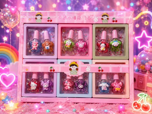 water-based, non-toxic kids' nail polish set featuring 3D character charms on star-shaped bottles.