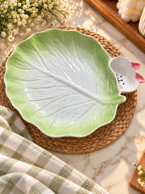 Creative Green Cabbage Leaf Shaped Ceramic Serving Platter with Cat Sauce Dish for Appetizers and Dim Sum