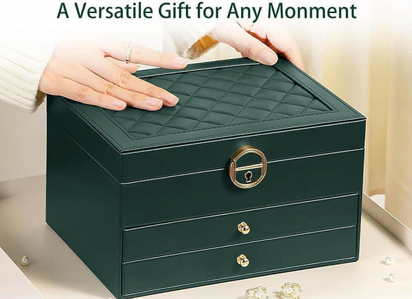 3-Layer Luxury Emerald Green PU Leather Jewelry Box Organizer