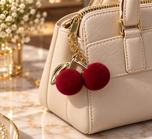 Cute Velvet Cherry Keychains | Fluffy Fruit Bag Charm & Keyring