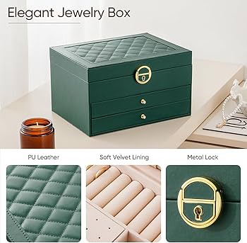 3-Layer Luxury Emerald Green PU Leather Jewelry Box Organizer